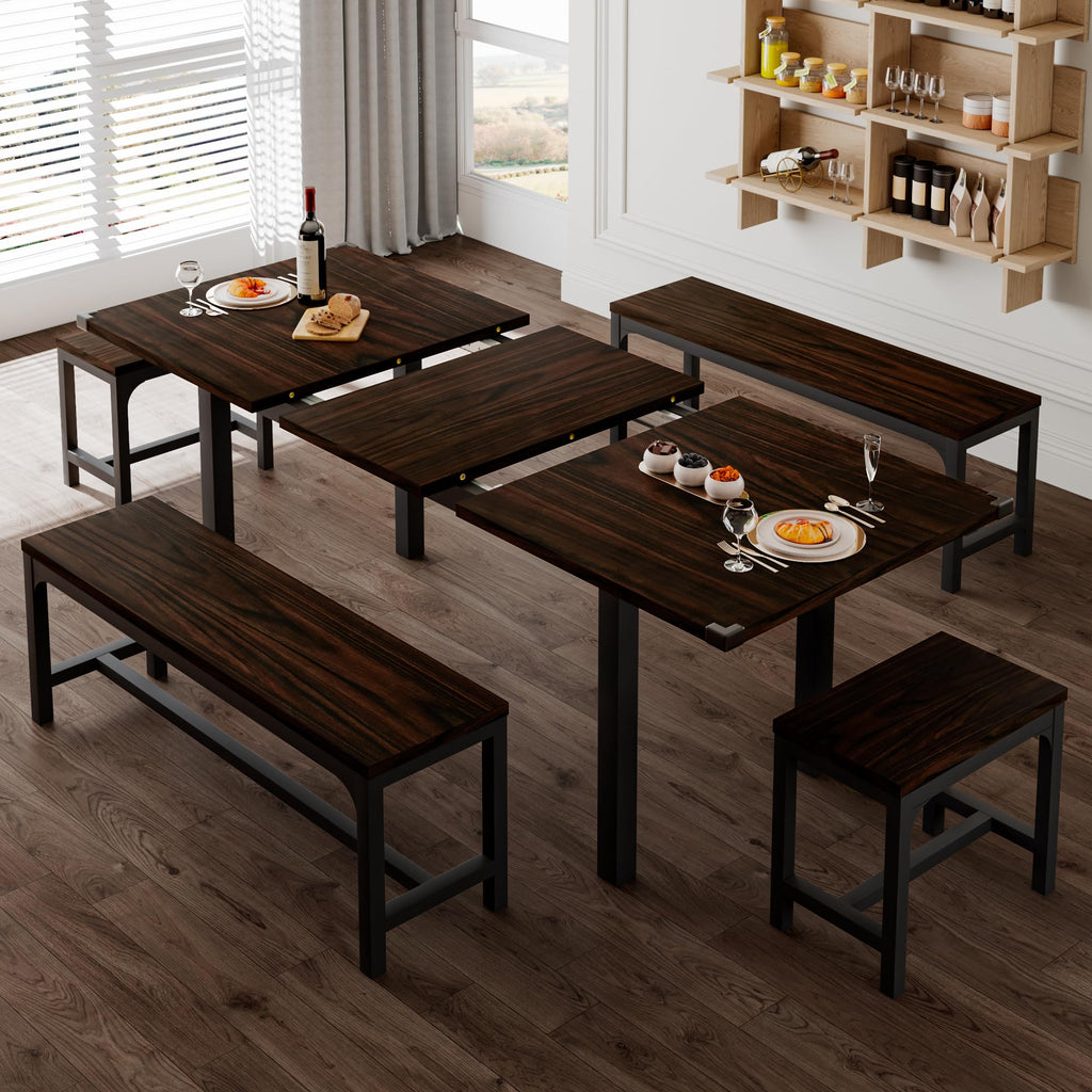 5-Piece Dining Table Set for 4-8 People, 63" Extendable Kitchen Table Set with 2 Benches and 2 Square Stools, Dining