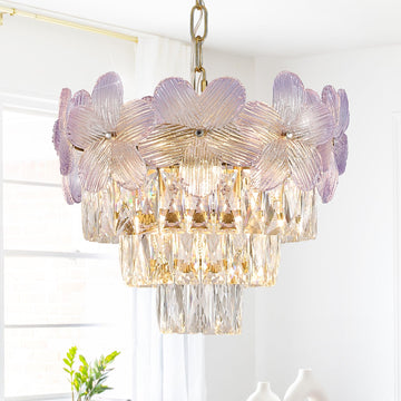 14" 3-Light Purple Flower Crystal Chandelier Gold Light Fixture