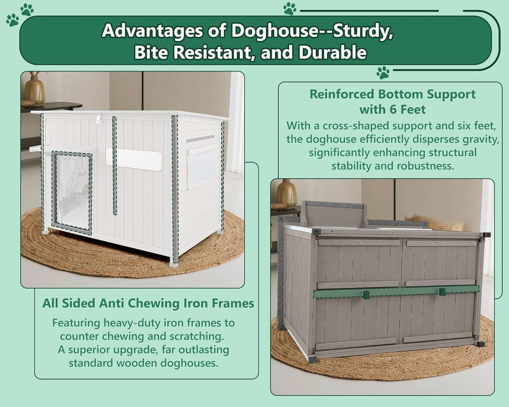 43.3" L Large Outdoor Dog House Weatherproof Doghouse for Medium to Large Dogs with Anti Bite Frames Wooden Dog
