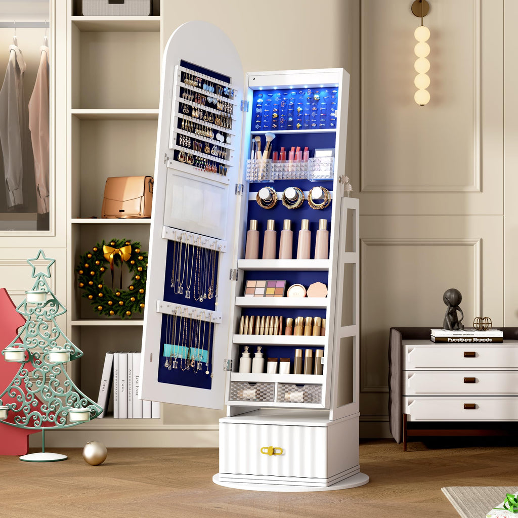 Arched LED Mirror Jewelry Cabinet, Standing Jewelry Armoire, White