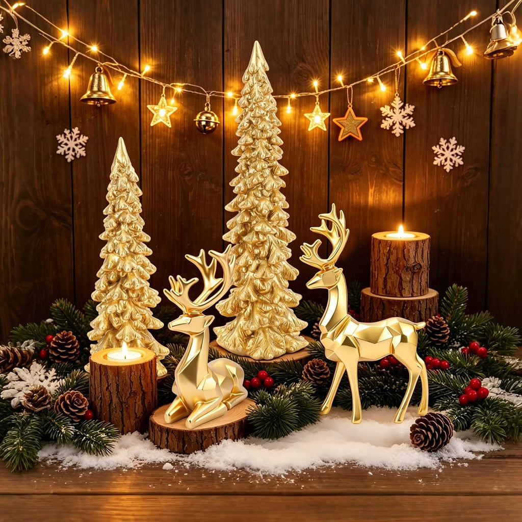 Gold Christmas Table Decoration Set of 4, 2 Xmas Tree & 2 Reindeer