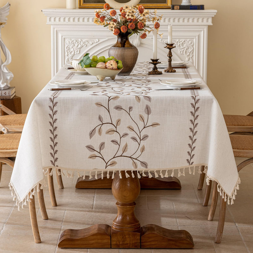 Rectangle Linen Tablecloth, Heavy Duty Waterproof Tablecloths, Farmhouse Embroidery Leaves Table Cloth with Tassels
