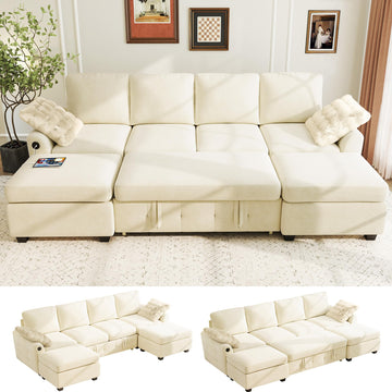 L-Shaped Sectional Sofa Bed, 6-Seater Convertible Pull Out Sleeper with Storage Ottoman, USB Charging Ports & Wide