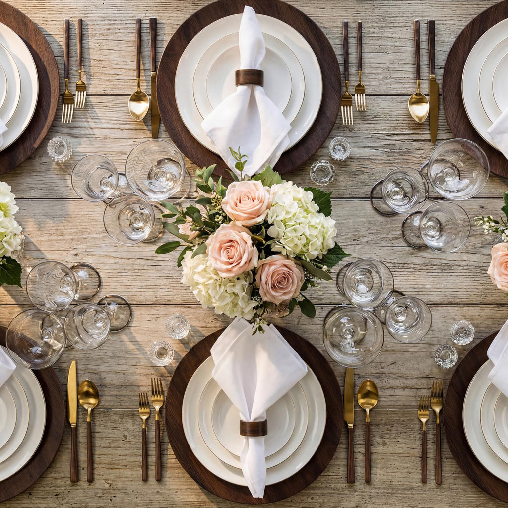 24 Pack 13" Brown Round Chargers for Dinner Plates, 12 Pcs Handmade Acacia Wood Napkin Ring, Farmhouse Faux Wood