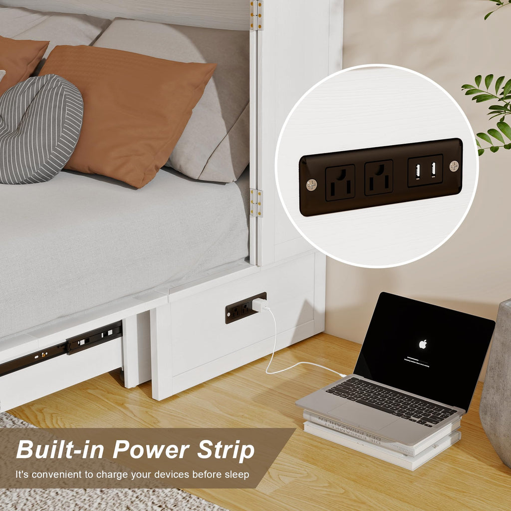 Solid Wood Murphy Bed Cabinet:Queen Size Murphy Bed with USB Charging Station and Large Storage Drawer, Optimize