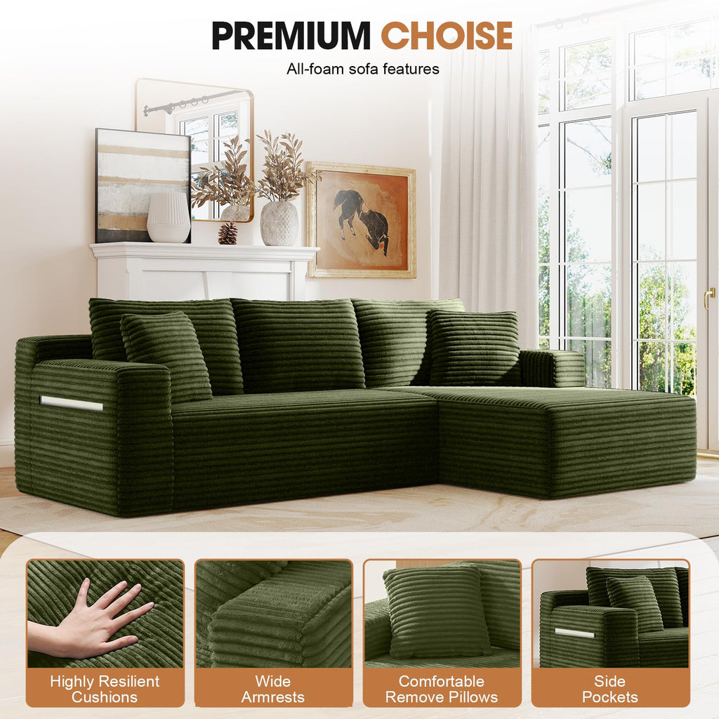 94.5" L-Shaped Minimalist Boneless Sofa (Green, Right)