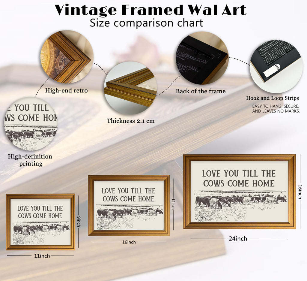 Vintage Gold Framed Cow Wall Art, Western Cowboy Country Landscape Painting Canvas Prints, Romantic Quotes Family