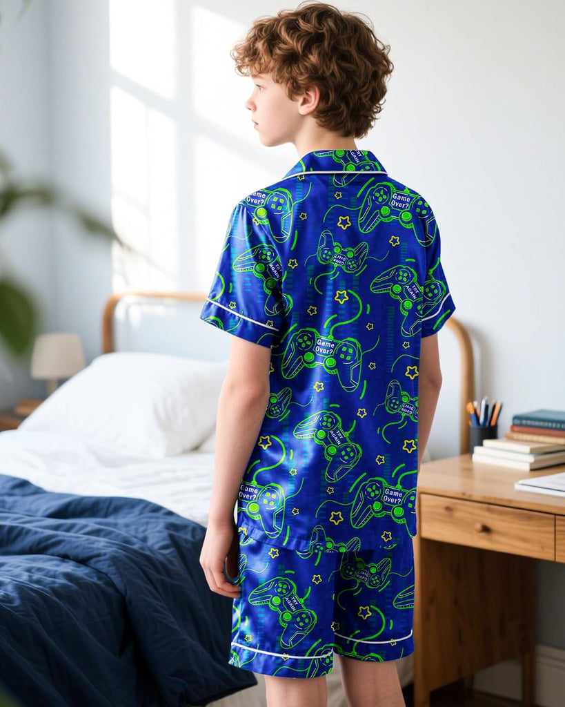 Boys Pajamas Boys Satin Pajamas Set Summer Short Sleeve Button-Down & Shorts Pjs Kids Boy Silky Pajama