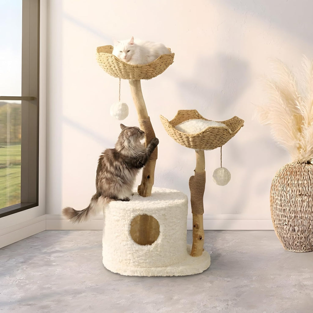 Cat-Tree Tower | Modern Cat Furniture | Real Wood Branch Scratching Post | White | 46"