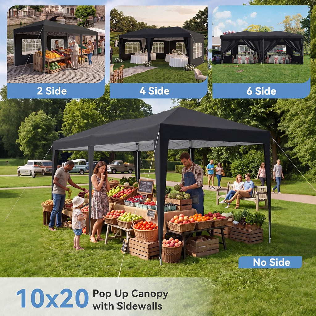 10x20 Pop Up Canopy Tent with Sidewalls, One-Push Instant Setup Waterproof Outdoor Canopy, 3 Adjustable Height