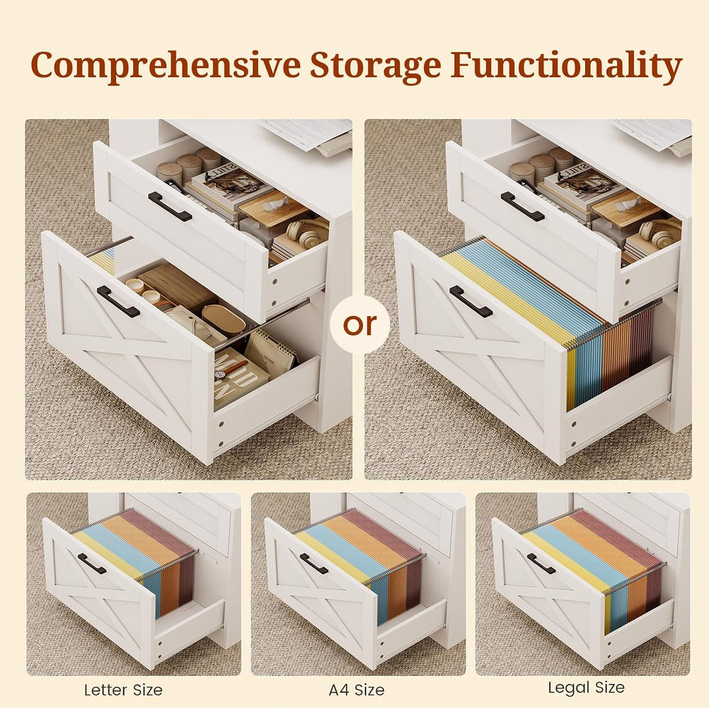 71" Farmhouse L Shaped Standing Desk, Electric Height Adjustable Corner Desk with Storage Cabinet & File Drawers