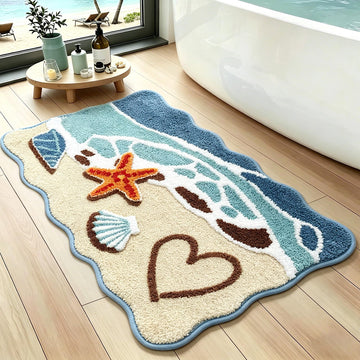 Beach Bathroom Rug 20x32 Inch, 3D Textured Coastal Ocean Wave Scalloped Bath Mat with Starfish Shell Decor, Soft