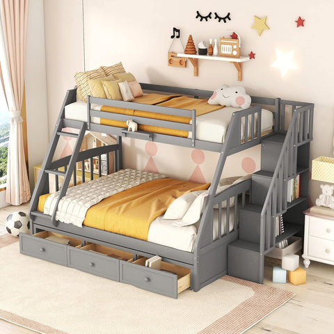 Wooden Twin Over Full Stairway Bunk Bed with Three Storage Drawer, Storage Staircase