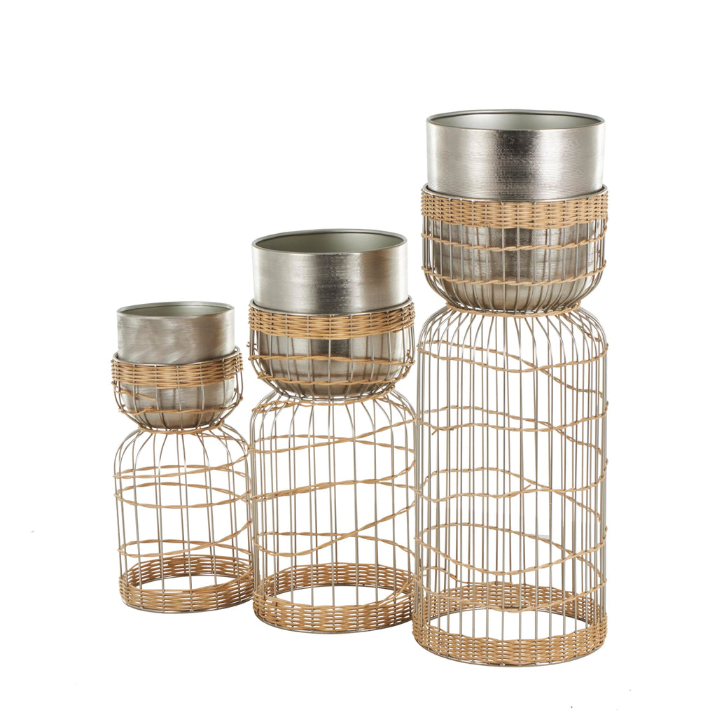 Metal Indoor Planter Textured Dome Large Planter Pot with Woven Rattan and Caged Rod Pedestal Base, Set of 3 Planters