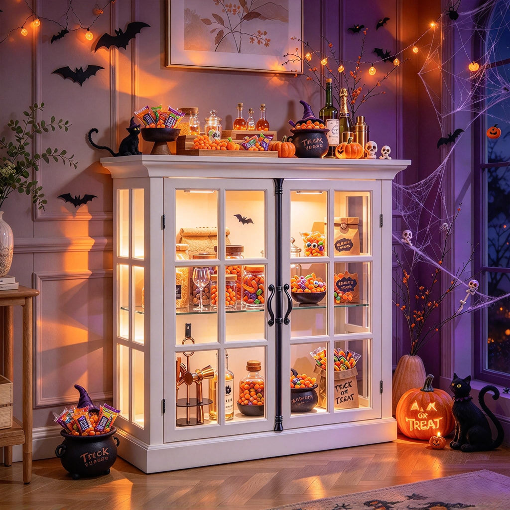 Modern 43" Display Cabinet, Vintage Curio Cabinet with LED Light and Wine Glass Holder, Farmhouse Wine Bar Cabinet
