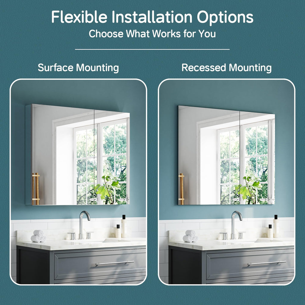 Medicine Cabinet Mirror 36" x 30", Recessed & Surface Mount
