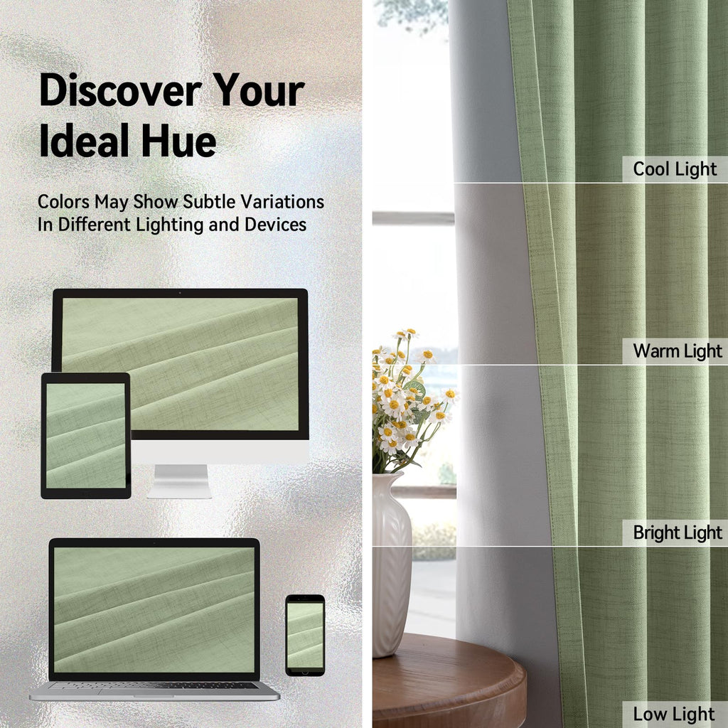 Blackout Linen Curtains 63 Inch Long 2 Panels Set, Sage Green