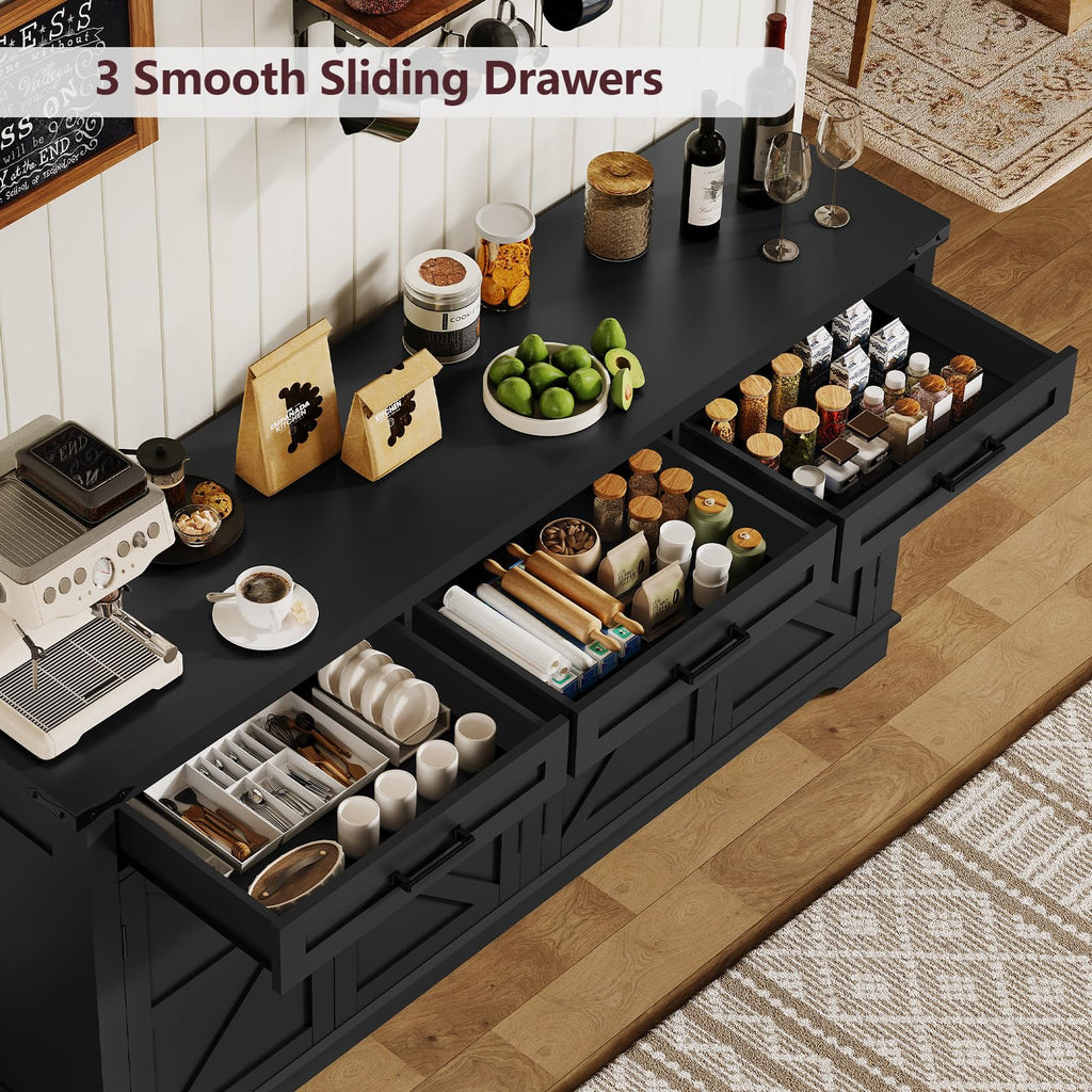 Buffet Cabinet, 61" Large Sideboard Buffet Storage Cabinet with 3 Drawers, Farmhouse Coffee Bar with 4 Doors, Black