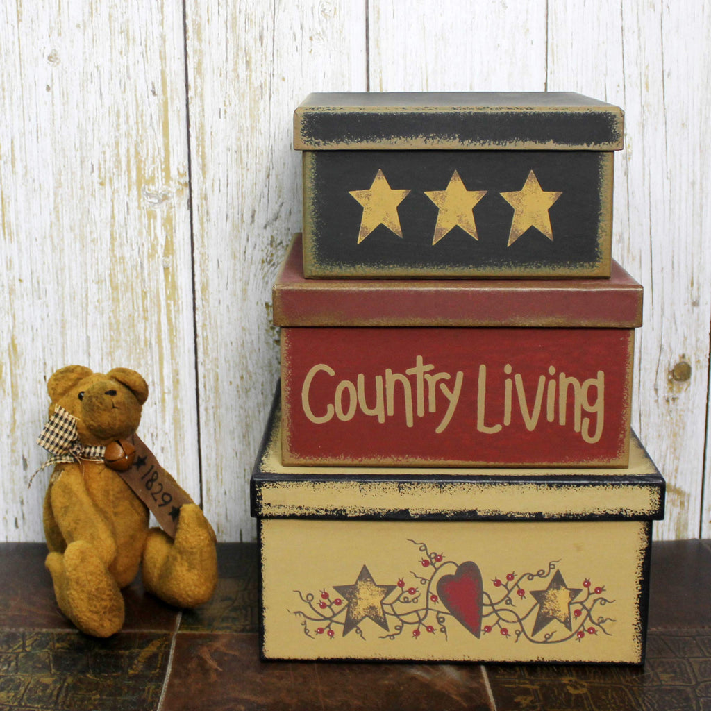 Farmhouse Square "Country Living" Cardboard Nesting Boxes for Photos Memories Keepsakes, Large 9 X 9 X 4-1/2 Inch.
