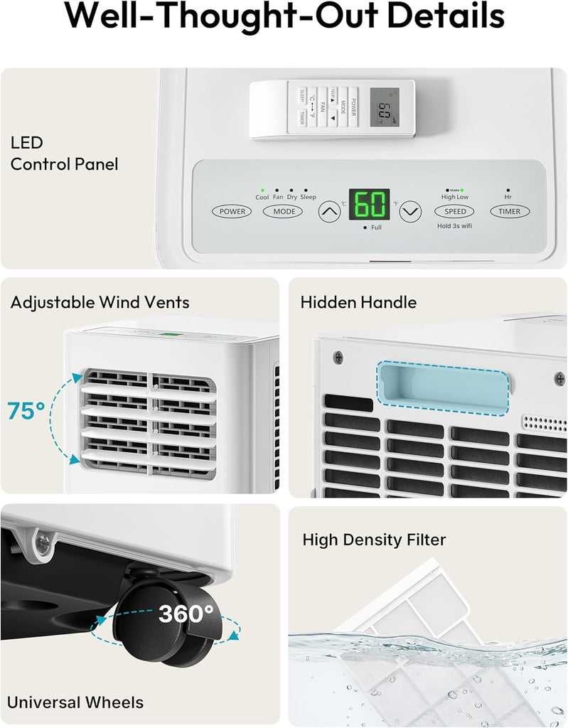 8,000 BTU Portable Air Conditioners, 4-in-1 Air Conditioner Portable Up to 350 Sq.Ft., Portable AC Unit with Cool