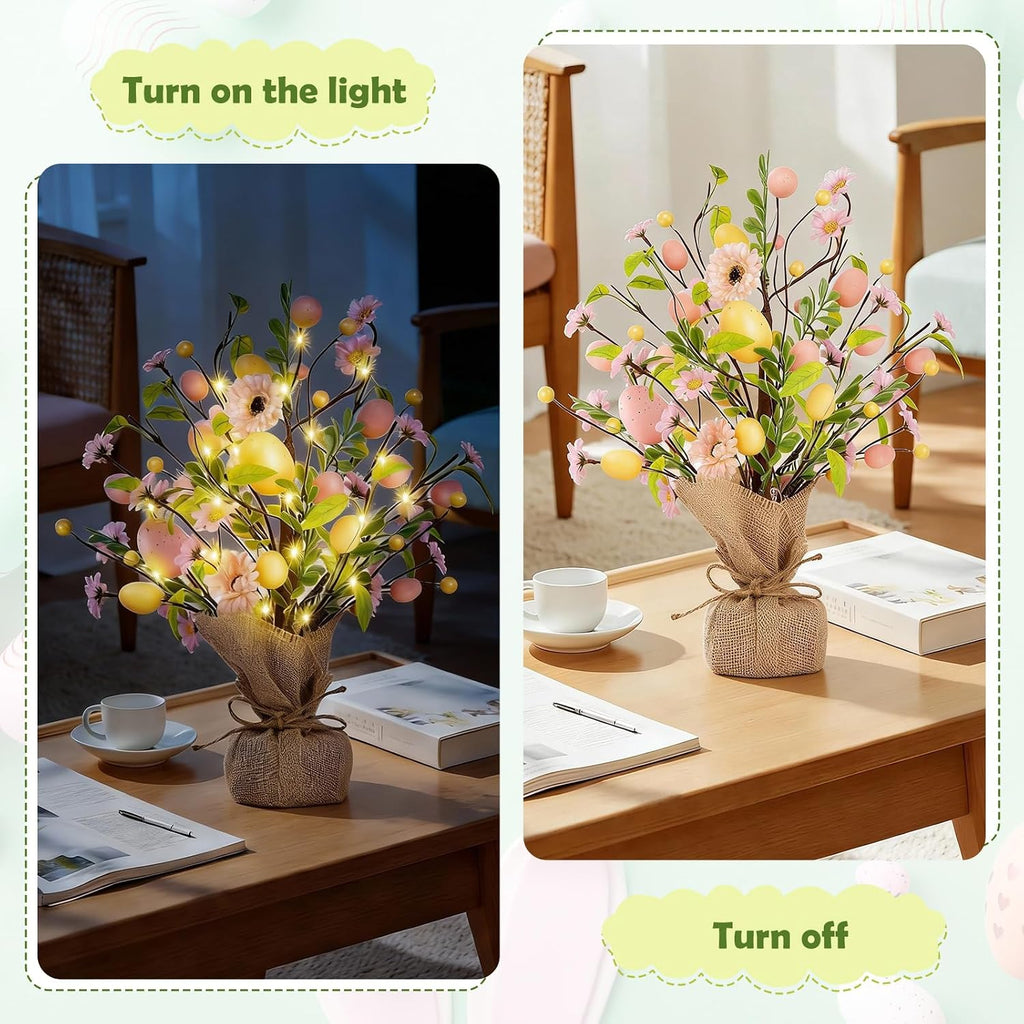 Easter Decorations, Pre-Lit Easter Egg Tree Tabletop Decor with Delicate Ornaments Easters Party Wedding Holiday