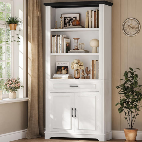 Farmhouse Bookshelves and Bookcases with Doors and Drawer, Bookshelf with Storage