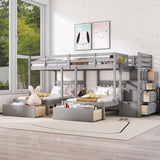 L Shaped Bunk Bed Full Over Twin Over Twin for 3, Triple Bunk Beds Frame with Storage Drawers and Staircase