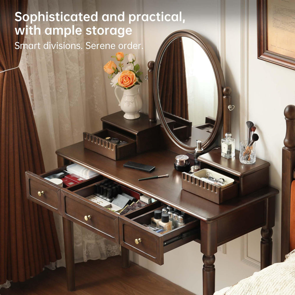 Vintage Vanity Desk with Adjustable Mirror, Walnut