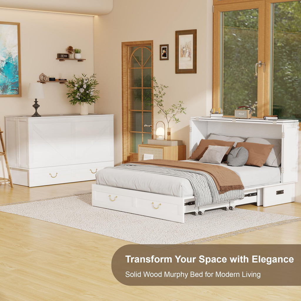 Solid Wood Murphy Bed Cabinet:Queen Size Murphy Bed with USB Charging Station and Large Storage Drawer, Optimize