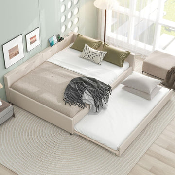 Queen Size Daybed with Storage and USB, Modern Cloud Bed Frame with Twin Size Trundle, Linen Upholstered Platform