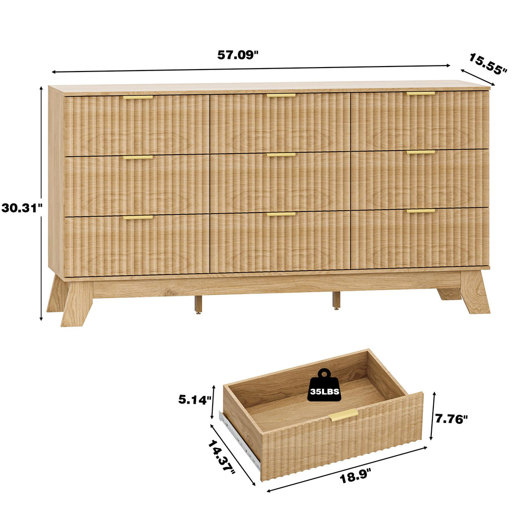 Fluted Dresser with 9 Drawers, Oak