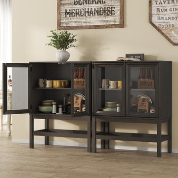 Sideboard Buffet Cabinet with Storage Set of 2, Small Kitchen Coffee Wine Bar Cabinet with Glass Doors, Wood Mid