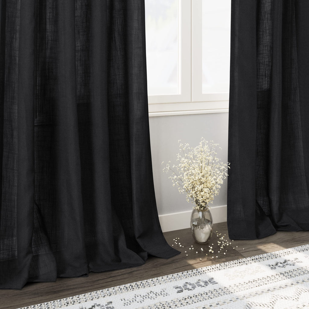 Black Linen Curtains 84 inches Long 2 Panels Back Tab Light Filtering Privacy Sheer Black Curtains Muslin Look Modern