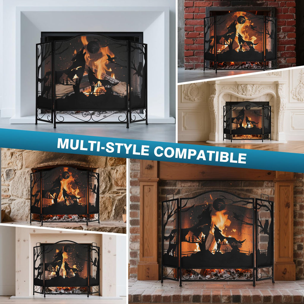 3 Panel Fireplace Screen with Wolves, Wrought Iron, 48" x 32"
