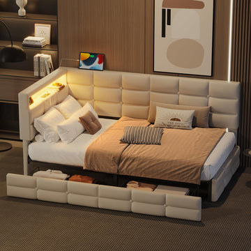 Twin Corner Bed with Storage and Led Lights, Upholstered Twin Size Daybed with Storage Drawers and Charging Station