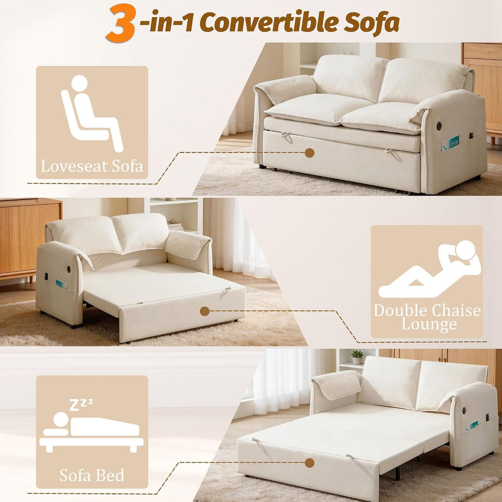 63" 3-in-1 Velvet Convertible Sleeper Sofa Bed, Modern Adjustable Backrest Loveseat Pull Out Couch with USB & Side