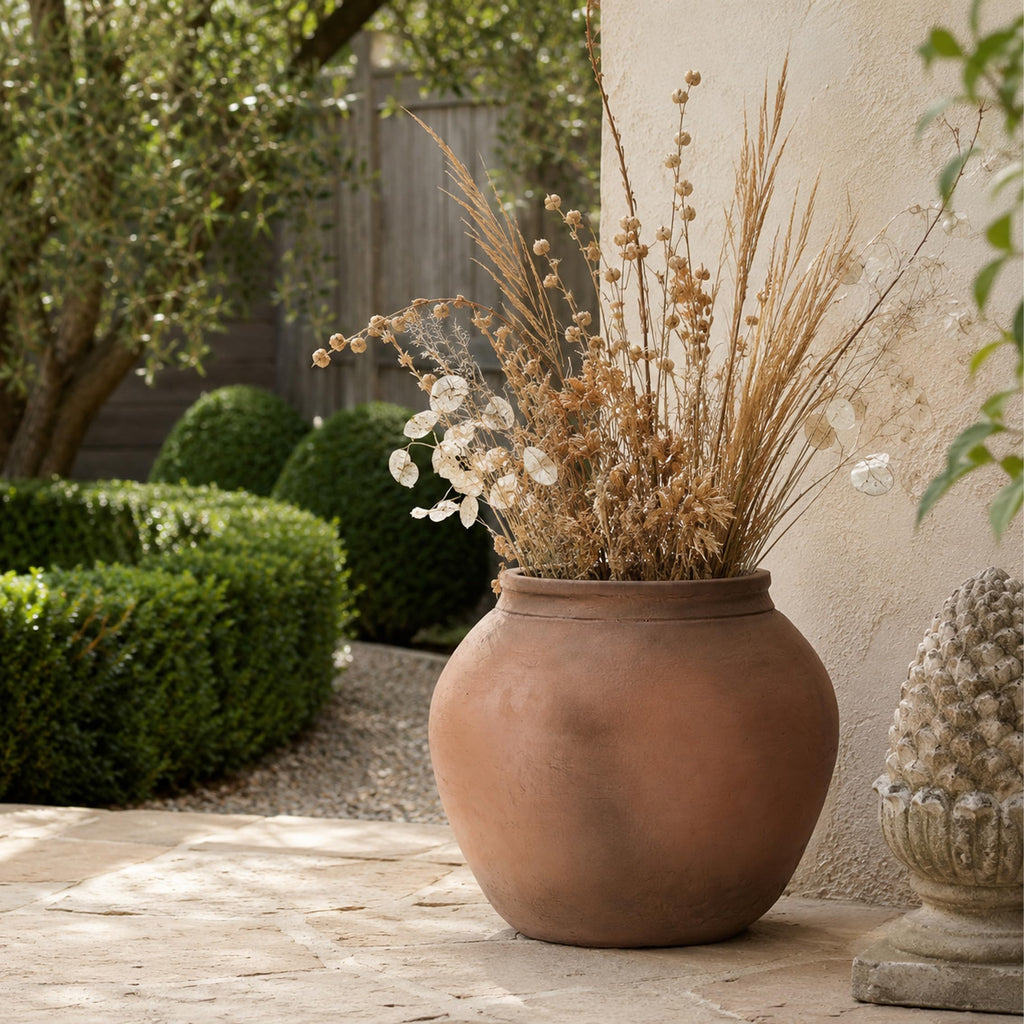 14" H x 17" Dia Brown Fiberstone Planter Pot with Drainage Hole, Weathered Stone-Look Decorative Flower Pot for Olive