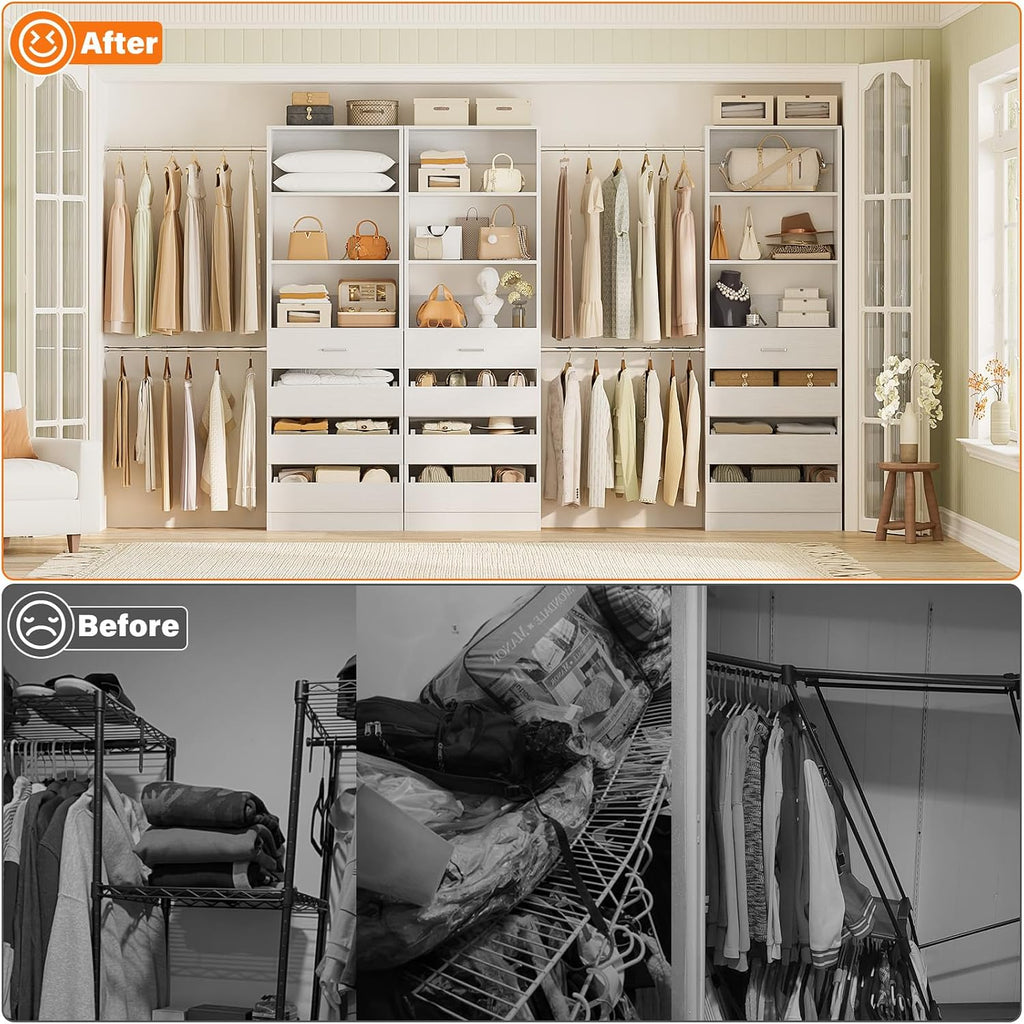 Closet System with 12 Drawers, 8.5-11.5Ft Wood Closet Organizer System with 4 Hanging Rods & 3 Towers, 4Ft & 6Ft