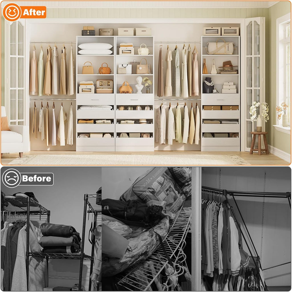 Closet System with 12 Drawers, 8.5-11.5Ft Wood Closet Organizer System with 4 Hanging Rods & 3 Towers, 4Ft & 6Ft