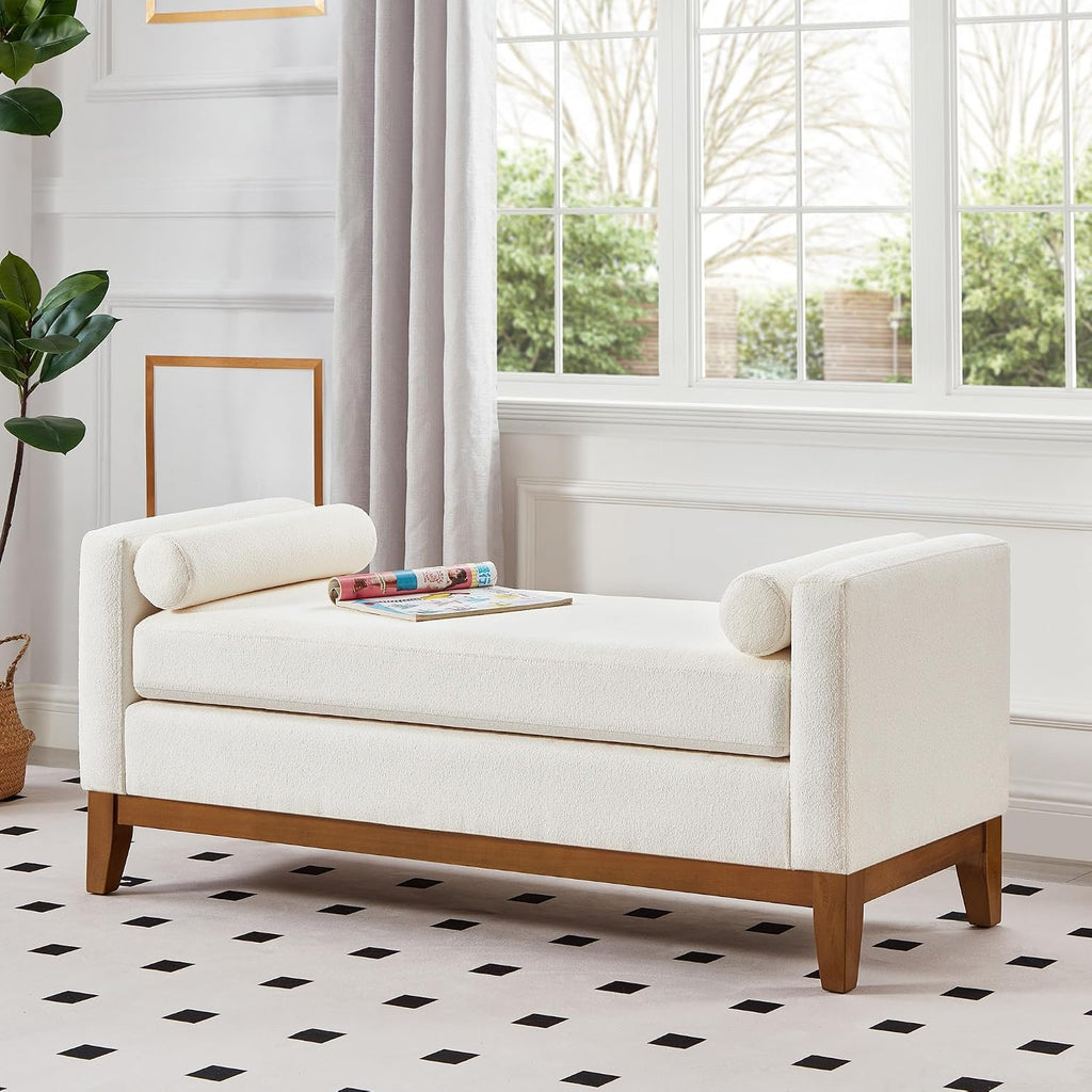 Large 51" L Boucle Bench Ottoman with 2 Bolster Pillows & Solid Wood Frame, Upholstered End of Bed Daybed Seating
