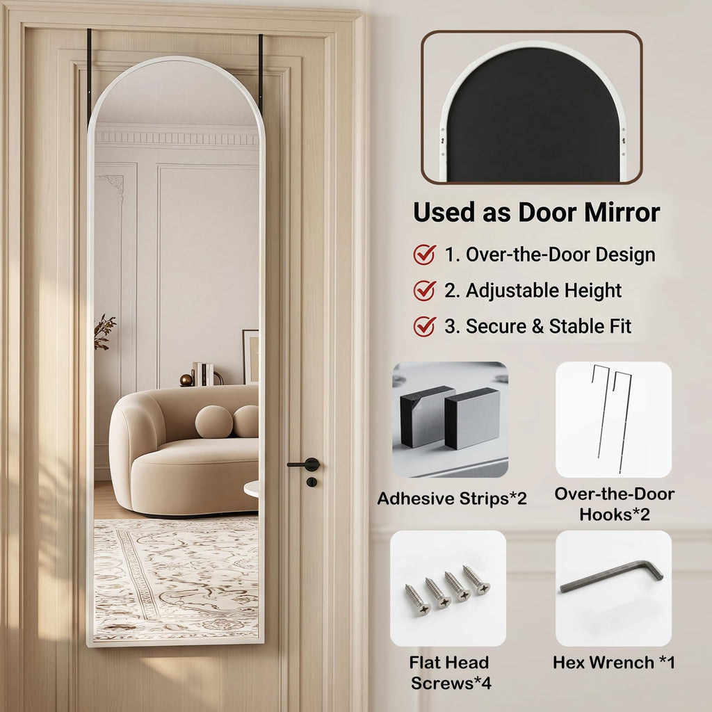 Full Length Mirror, 48" x 14" Over-the-Door Hanging Mirror, White