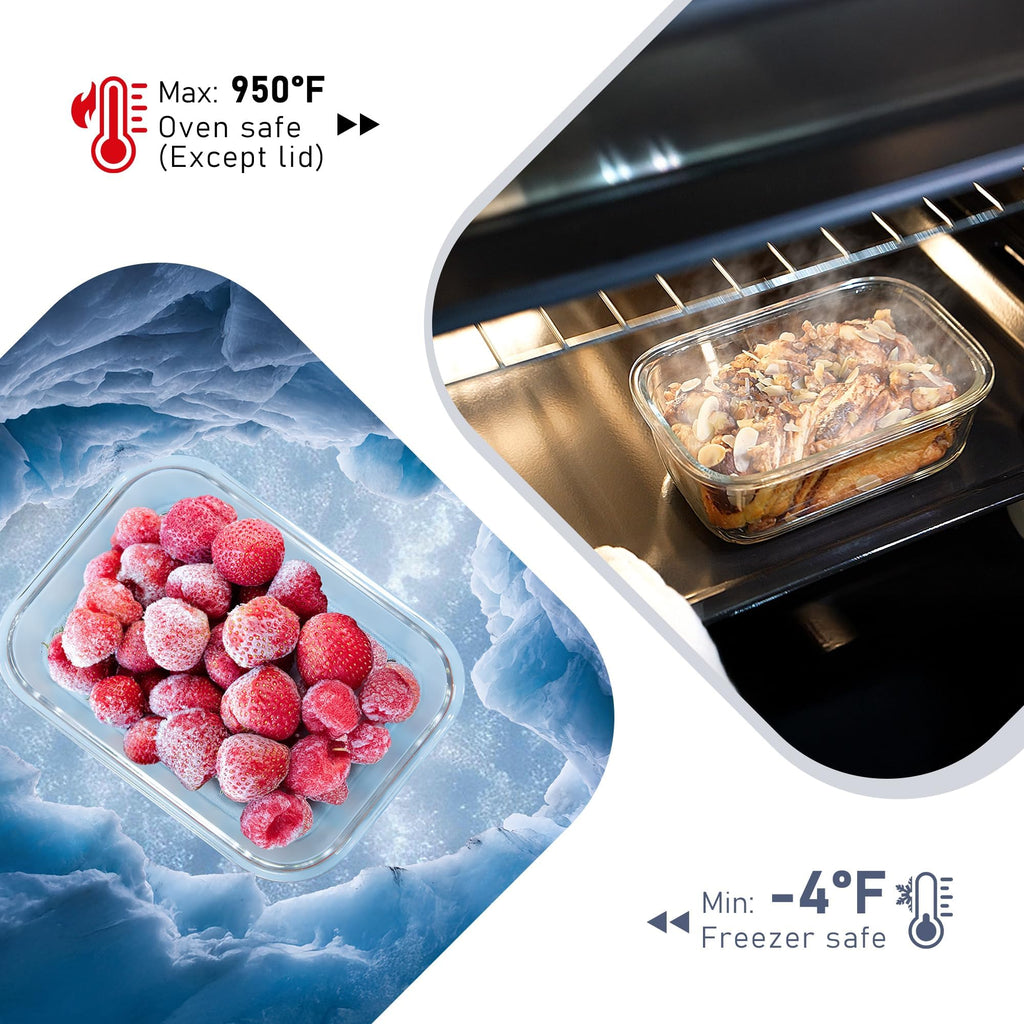 Glass Food Storage Containers with Tempered Glass Lids - Borosilicate, Airtight, Oven-Safe (-4°F~950°F)