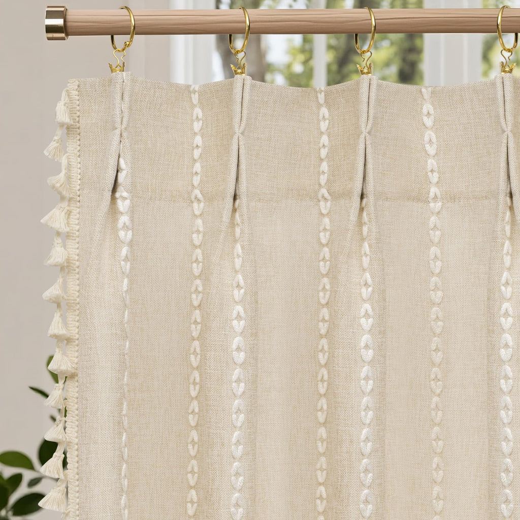 Beige Boho Farmhouse Window Curtain with Tassels, 30 x 36 Inch Light Filtering Sheer Short Cafe Window Curtain Tier