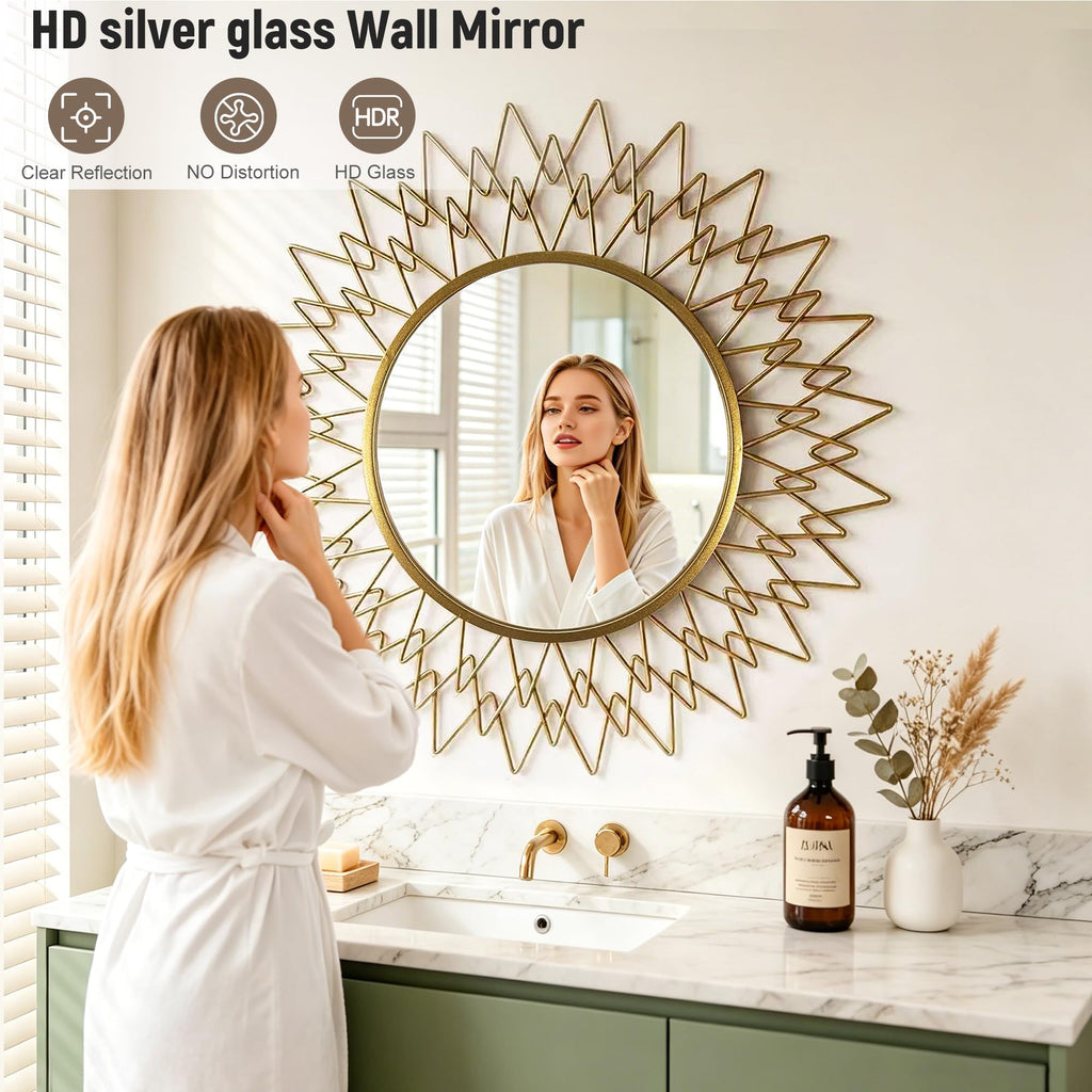Sunburst Round Mirror for Wall Modern Gold Frame Glam Home Decor 36"