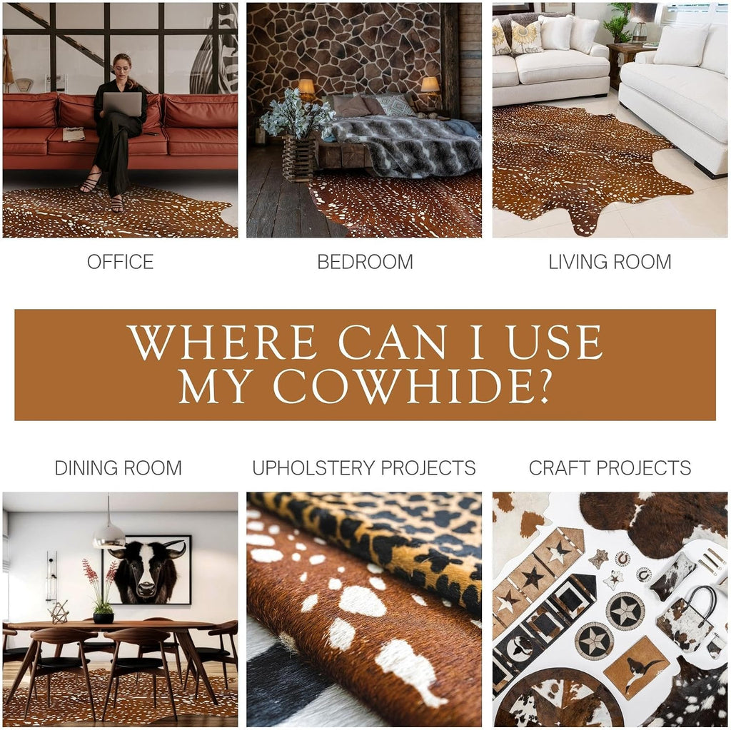 100% Genuine Deer Print Cowhide Rug - Modern Style Animal Skin Rug & Floor Carpet & More - Large (6x6-7ft)