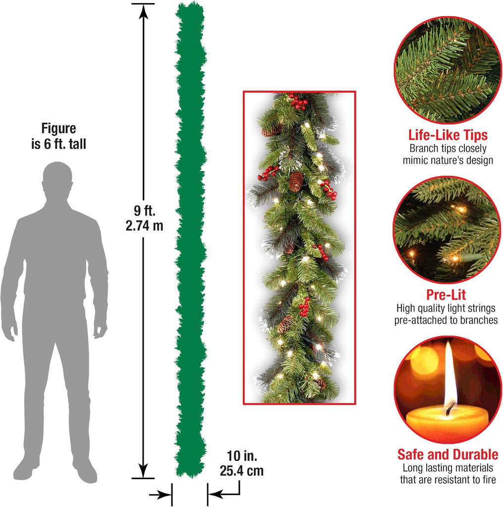 Tree Company 9ft Pre-Lit Crestwood Spruce Christmas Garland | 50 Warm White LED Lights, 180 Tips, Artificial