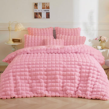 Fluffy Bubble Faux Rabbit Fur Duvet Cover Set 3 PCS, Pink