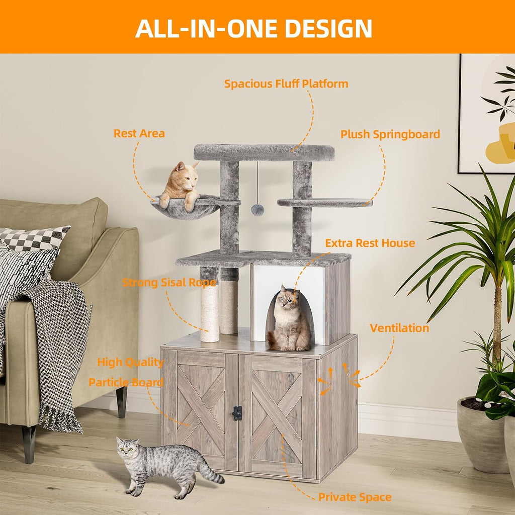 Cat Litter Box Enclosure with Tree Tower and Condo, Hidden Washroom Furniture with Sisal Scratching Post and Soft