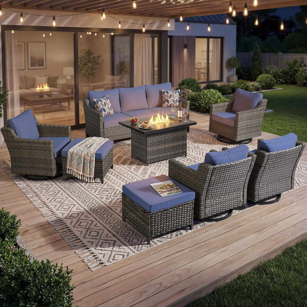 Luxury Patio Furniture Sofa Set - 8 Pieces All Weather Wicker Outdoor Couch and High Back Swivel Rocker Patio Chairs