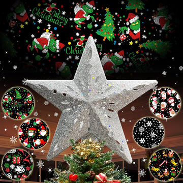 10" Christmas Tree Topper Projector with 6 Projection Modes, Lighted Christmas Tree Topper Star Built-in LED Rotation